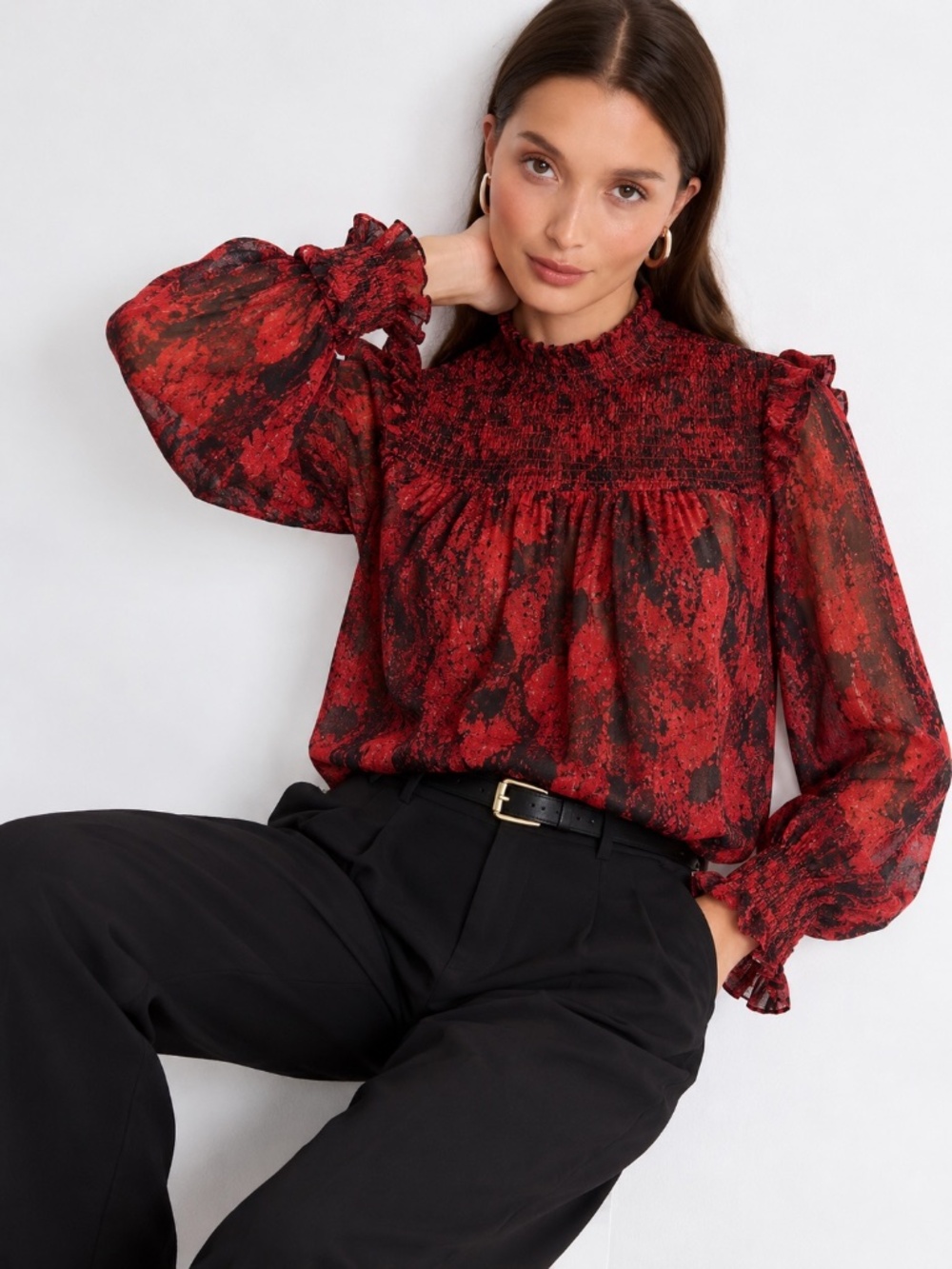 Elan NWT Smocked Mock Neck Abstract Print Blouse Red Black Women Size M